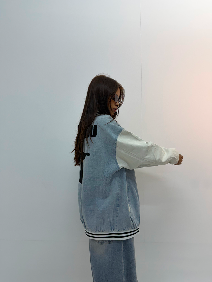 Vintage Blue Denim & Cream Graphic Unisex Bomber Jacket