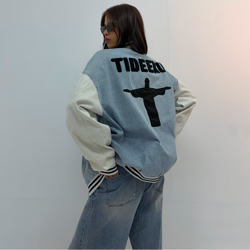 Vintage Blue Denim & Cream Graphic Unisex Bomber Jacket
