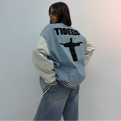 Vintage Blue Denim & Cream Graphic Unisex Bomber Jacket