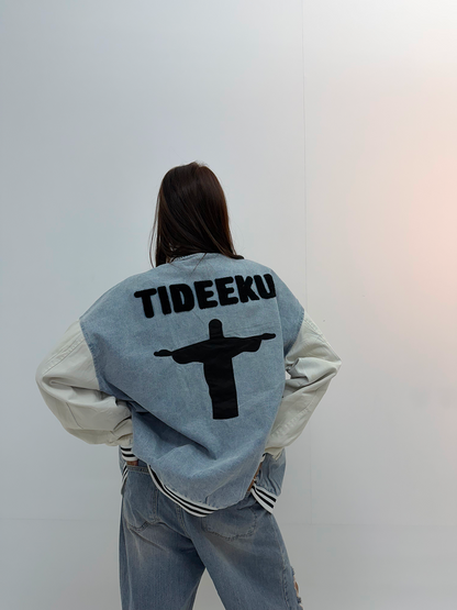 Vintage Blue Denim & Cream Graphic Unisex Bomber Jacket