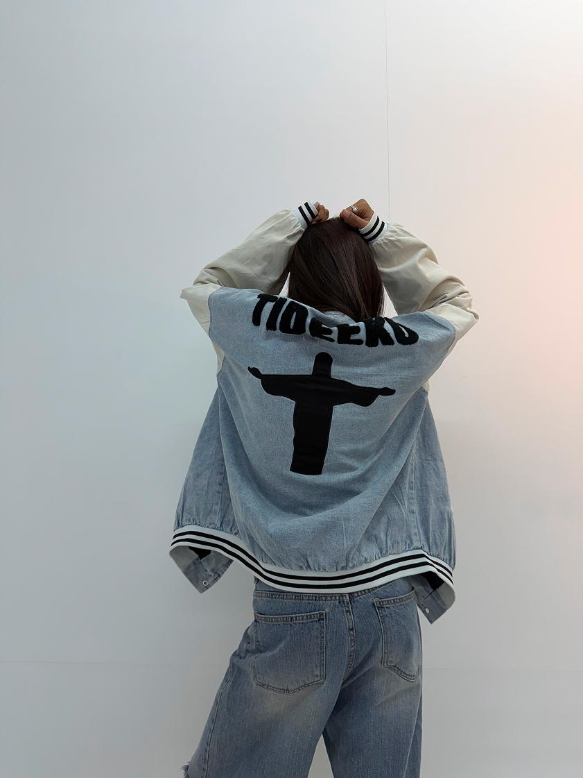 Vintage Blue Denim & Cream Graphic Unisex Bomber Jacket