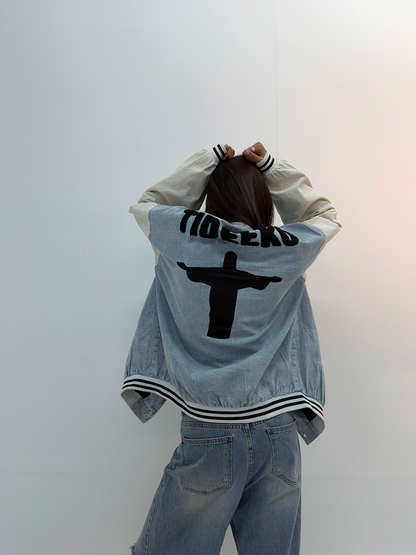 Vintage Blue Denim & Cream Graphic Unisex Bomber Jacket
