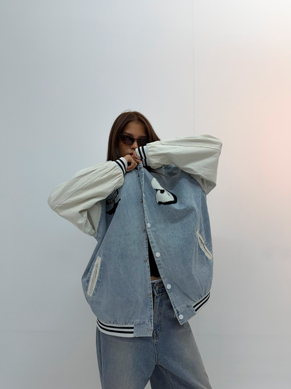 Vintage Blue Denim & Cream Graphic Unisex Bomber Jacket