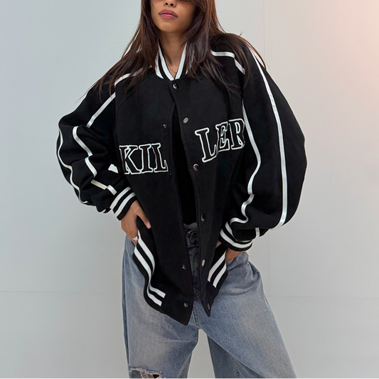 Vintage Blue Denim & Cream Graphic Unisex Bomber Jacket