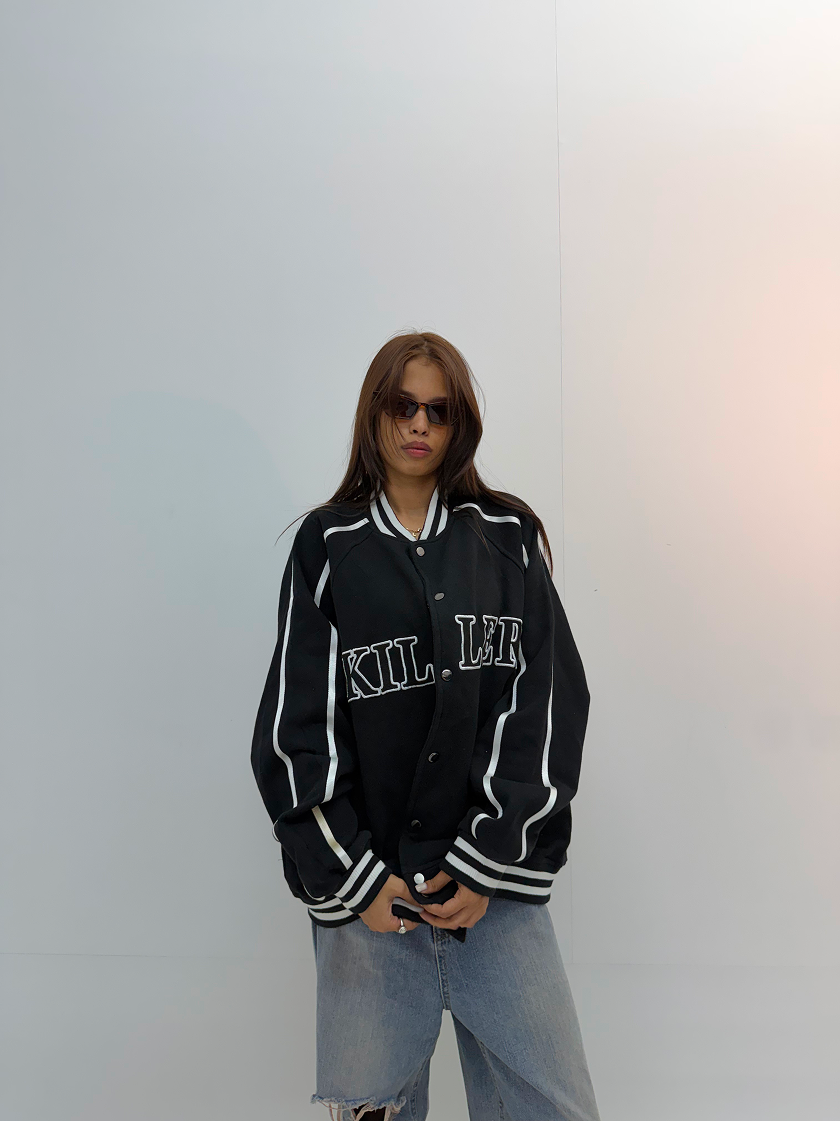 Vintage Blue Denim & Cream Graphic Unisex Bomber Jacket