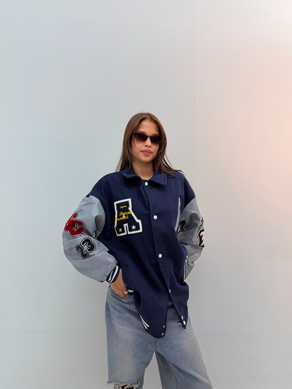 Vintage Navy Blue & Silver Baseball Varsity Jacket