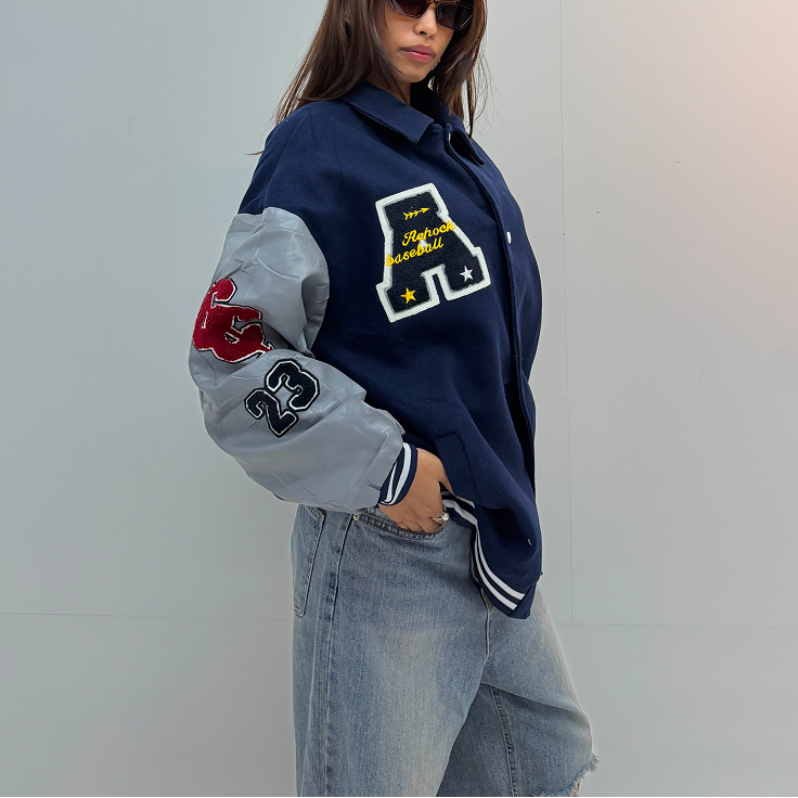 Vintage Navy Blue & Silver Baseball Varsity Jacket