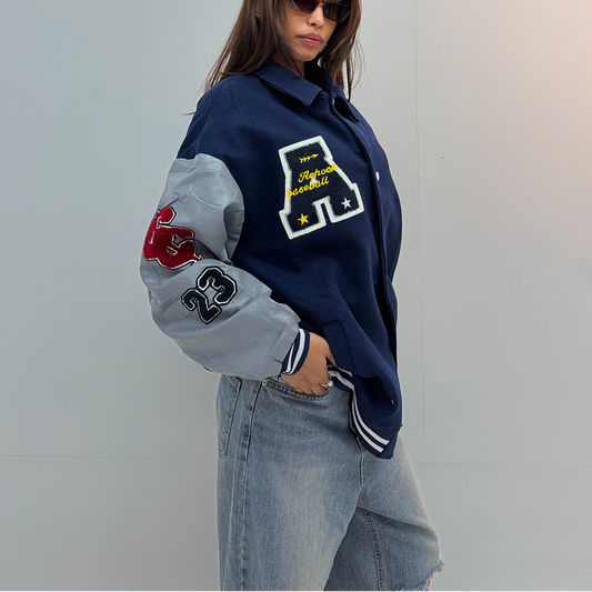Vintage Navy Blue & Silver Baseball Varsity Jacket