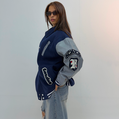 Vintage Navy Blue & Silver Baseball Varsity Jacket