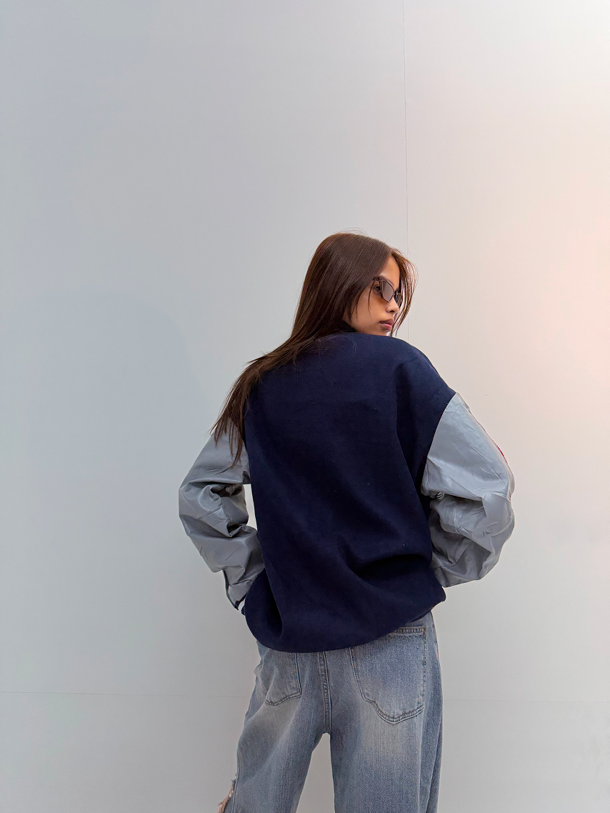 Vintage Navy Blue & Silver Baseball Varsity Jacket