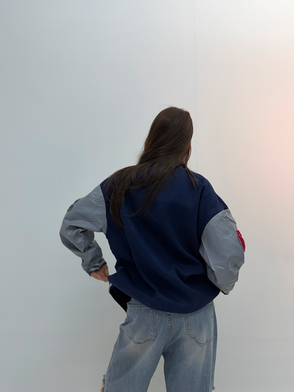 Vintage Navy Blue & Silver Baseball Varsity Jacket