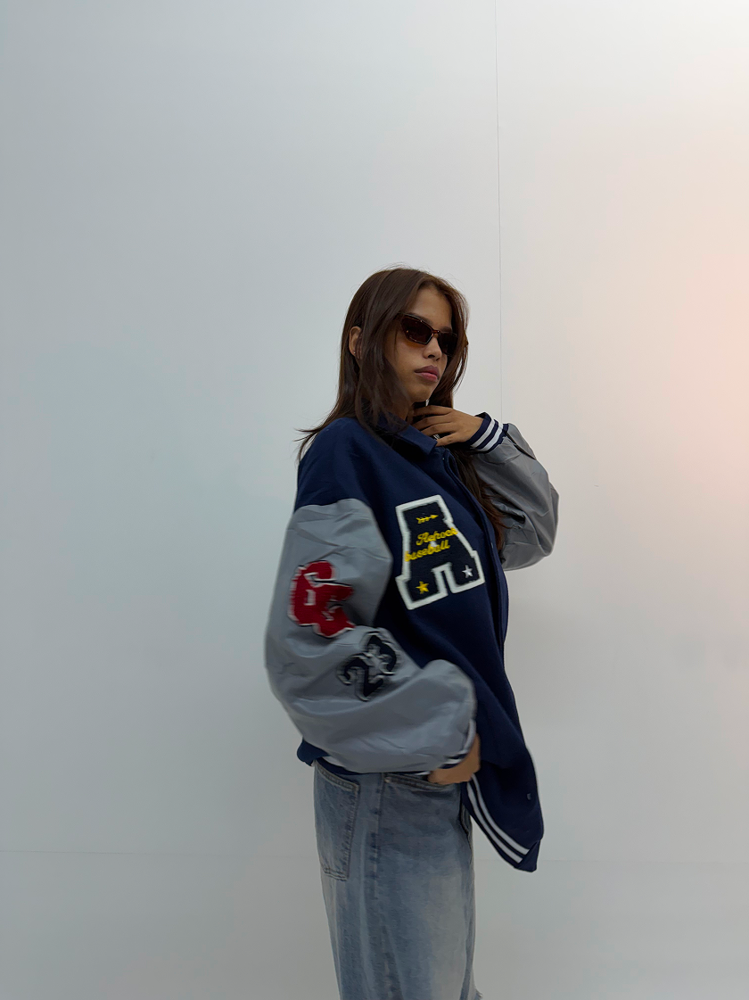 Vintage Navy Blue & Silver Baseball Varsity Jacket