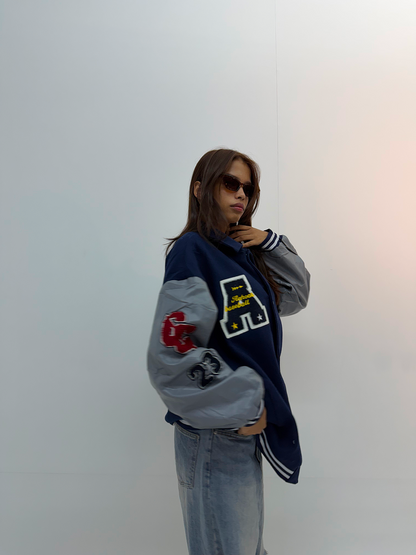 Vintage Navy Blue & Silver Baseball Varsity Jacket