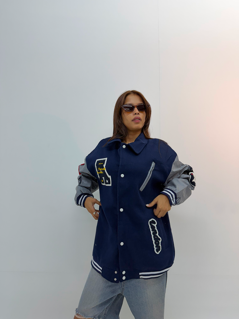 Vintage Navy Blue & Silver Baseball Varsity Jacket