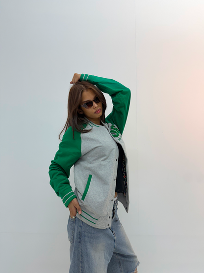 Vintage Green & Grey Varsity Baseball Jacket