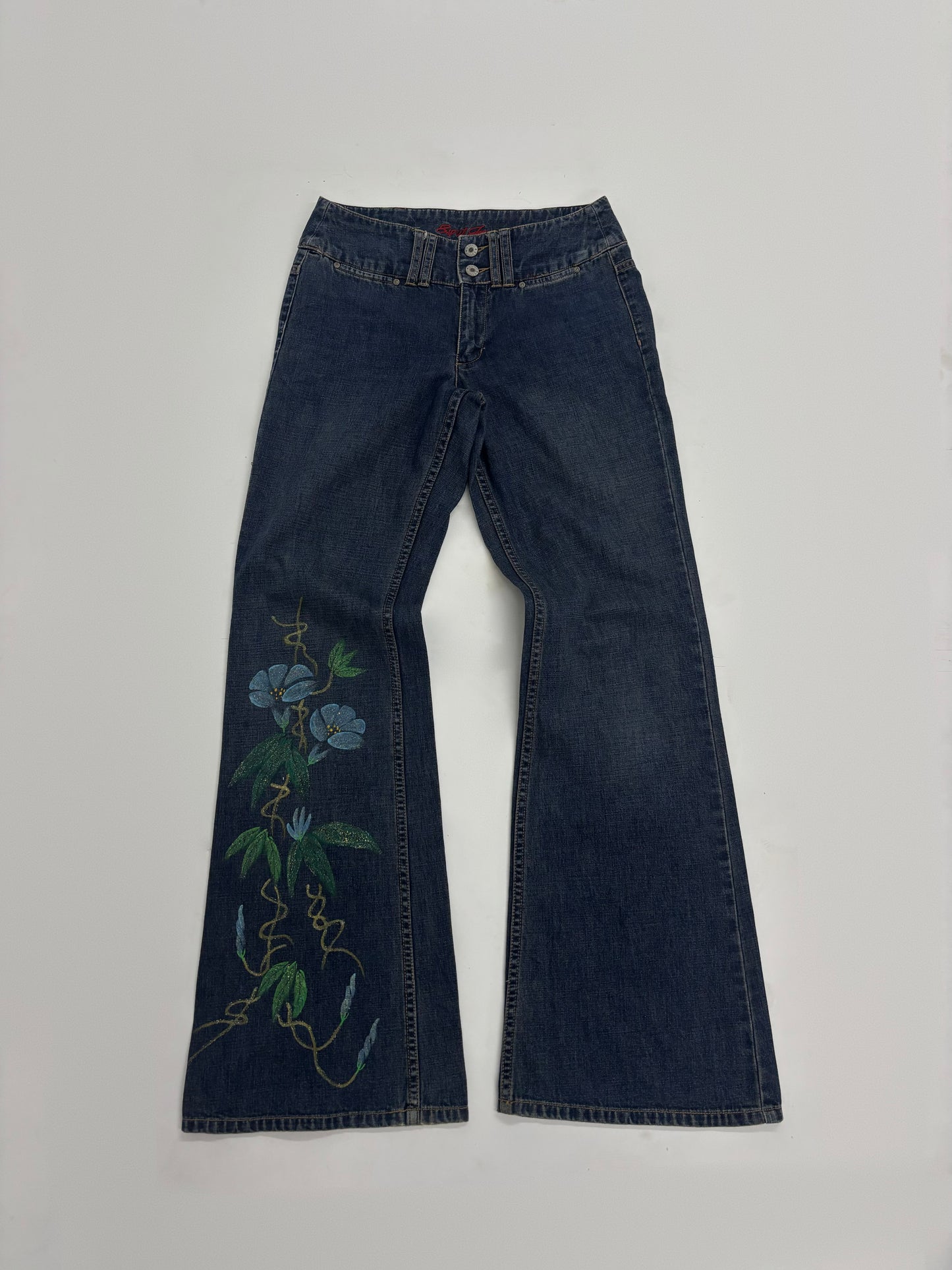 Women’s Dark Wash Flare Jeans with Floral Artwork