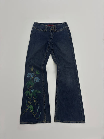 Women’s Dark Wash Flare Jeans with Floral Artwork