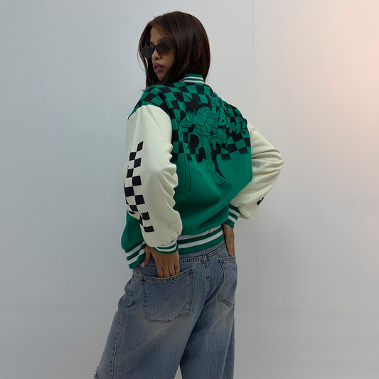 Vintage Green & White Graphic Unisex Varsity Jacket