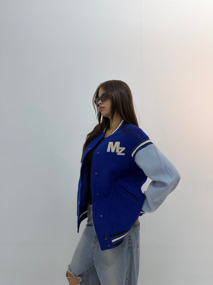 Unisex Royal Blue & Light Blue Relaxed Fit Dragon Embroidered Varsity Jacket
