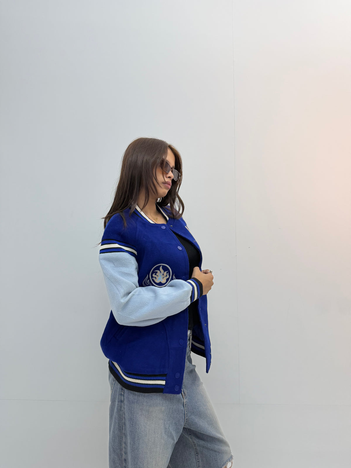 Unisex Royal Blue & Light Blue Relaxed Fit Dragon Embroidered Varsity Jacket