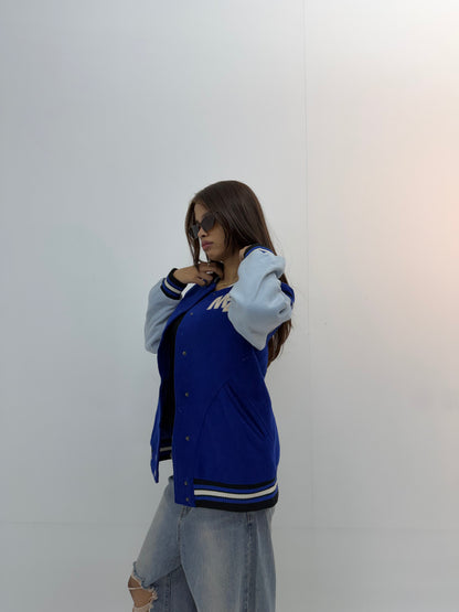Unisex Royal Blue & Light Blue Relaxed Fit Dragon Embroidered Varsity Jacket