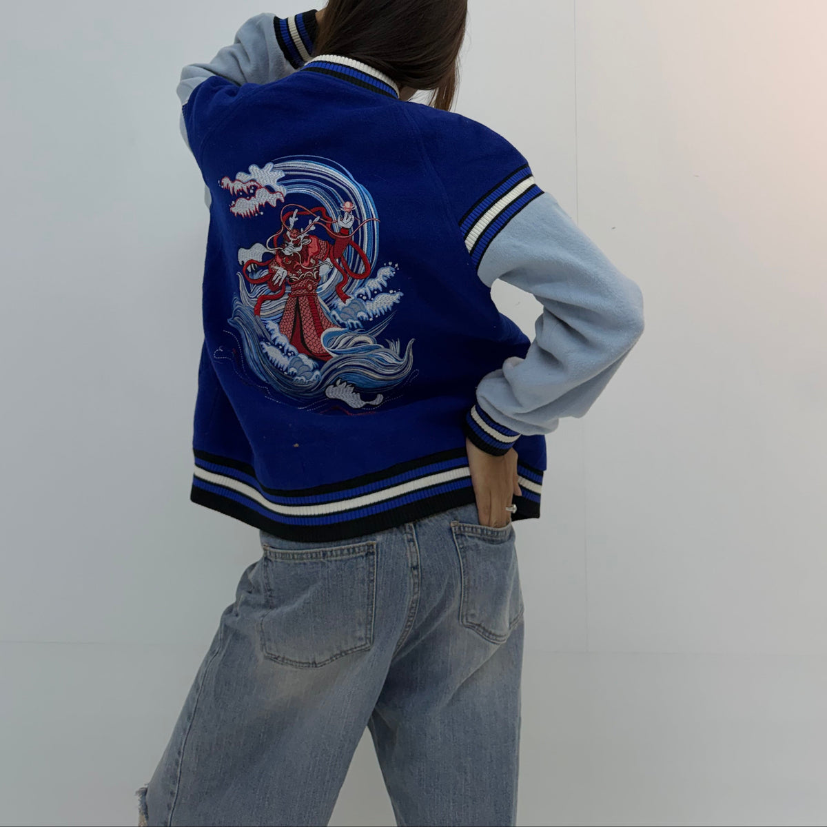 Unisex Royal Blue & Light Blue Relaxed Fit Dragon Embroidered Varsity Jacket