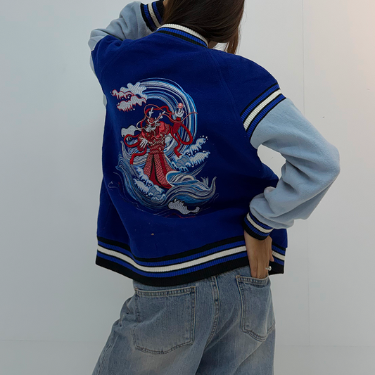 Vintage Blue Embroidered Unisex Japanese-Inspired Bomber Jacket