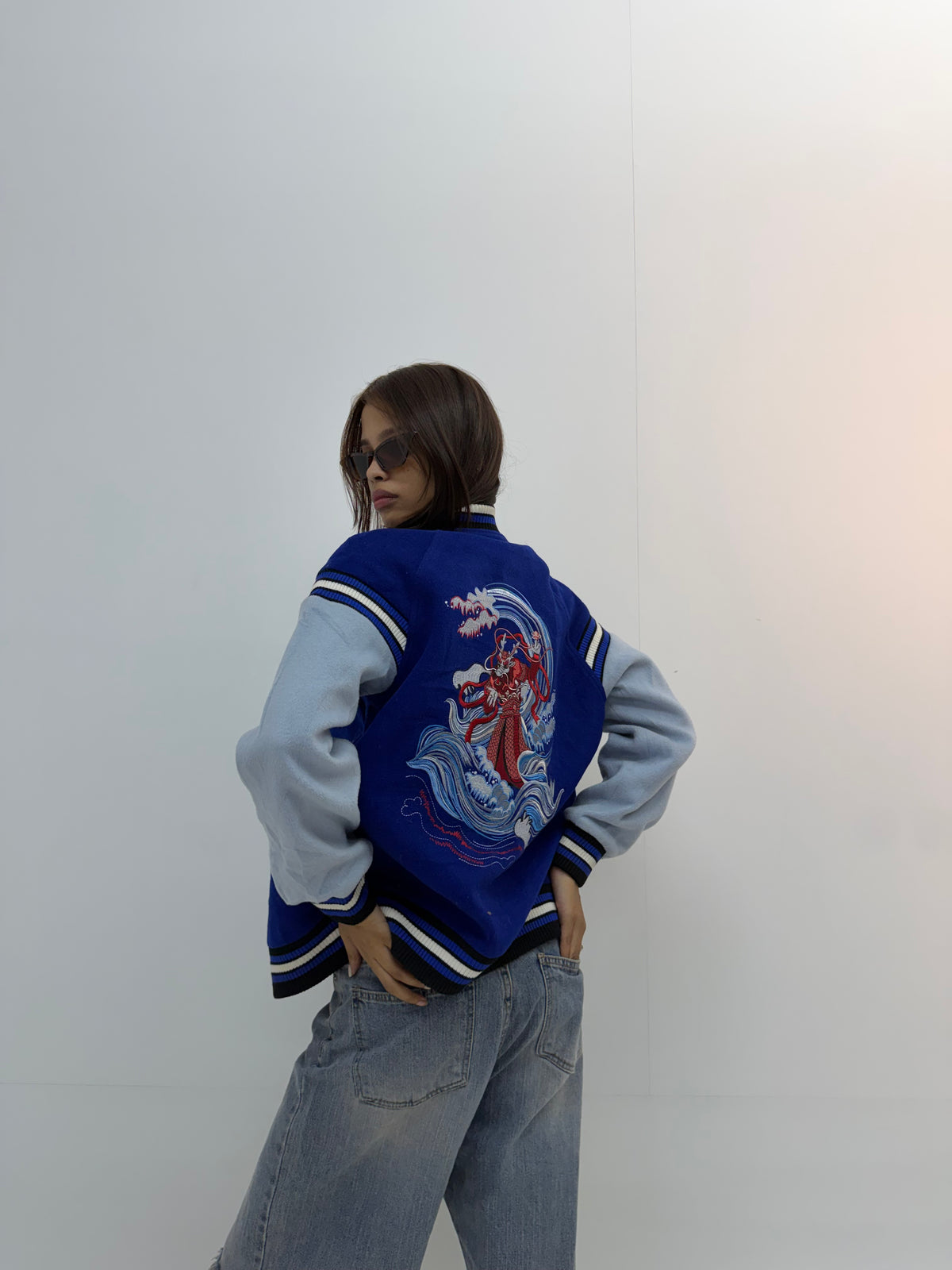 Unisex Royal Blue & Light Blue Relaxed Fit Dragon Embroidered Varsity Jacket