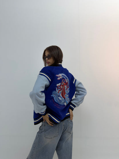 Unisex Royal Blue & Light Blue Relaxed Fit Dragon Embroidered Varsity Jacket