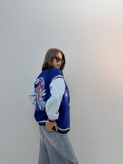 Unisex Royal Blue & Light Blue Relaxed Fit Dragon Embroidered Varsity Jacket