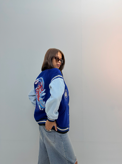 Vintage Blue Embroidered Unisex Japanese-Inspired Bomber Jacket