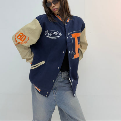Women’s Beige & Cream Oversized Orange Letter Patch Varsity Jacket
