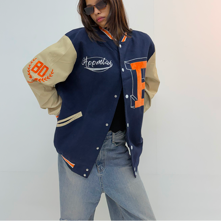 Vintage Navy Blue & Cream Oversized Varsity Jacket