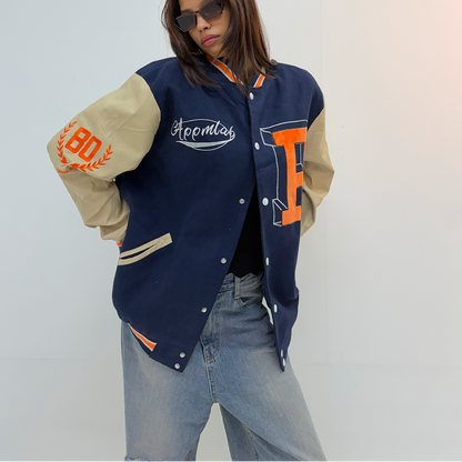 Vintage Navy Blue & Cream Oversized Varsity Jacket