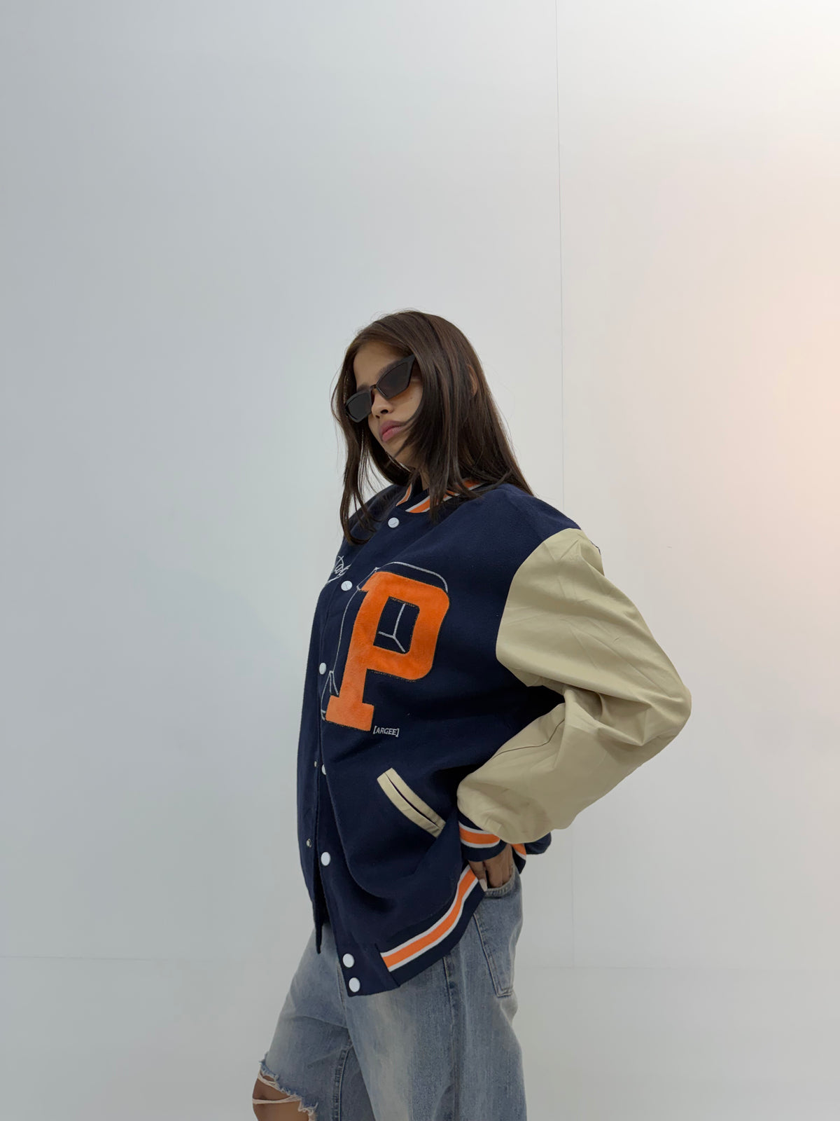Women’s Beige & Cream Oversized Orange Letter Patch Varsity Jacket