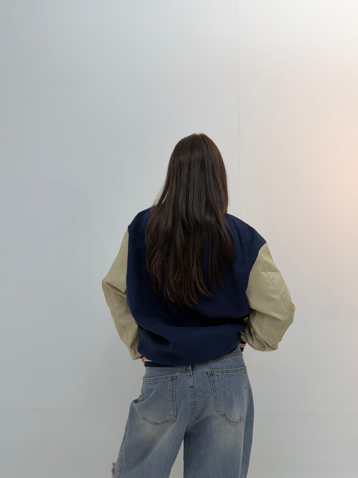 Women’s Beige & Cream Oversized Orange Letter Patch Varsity Jacket