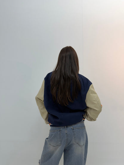 Women’s Beige & Cream Oversized Orange Letter Patch Varsity Jacket