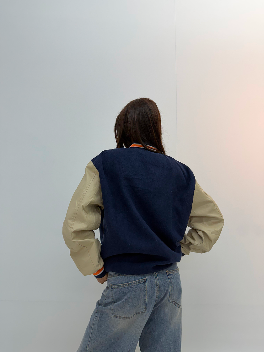 Vintage Navy Blue & Cream Oversized Varsity Jacket