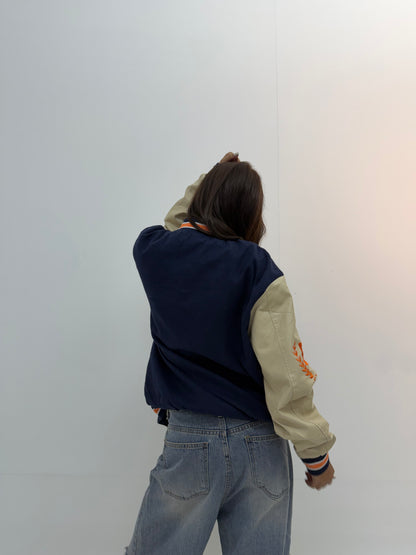 Women’s Beige & Cream Oversized Orange Letter Patch Varsity Jacket