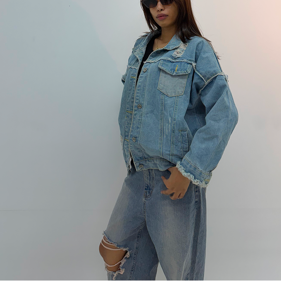 Vintage Light Blue Oversized Distressed Denim Jacket