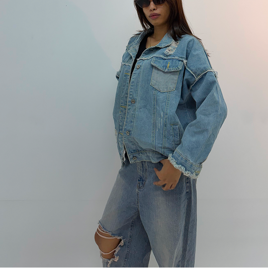 Vintage Light Blue Oversized Distressed Denim Jacket