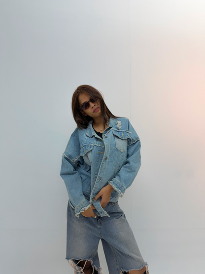 Vintage Light Blue Oversized Distressed Denim Jacket