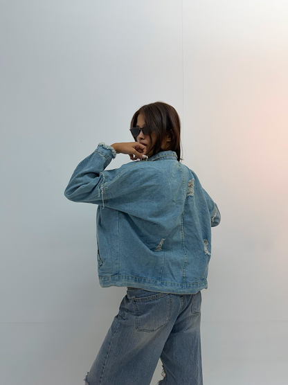 Vintage Light Blue Oversized Distressed Denim Jacket
