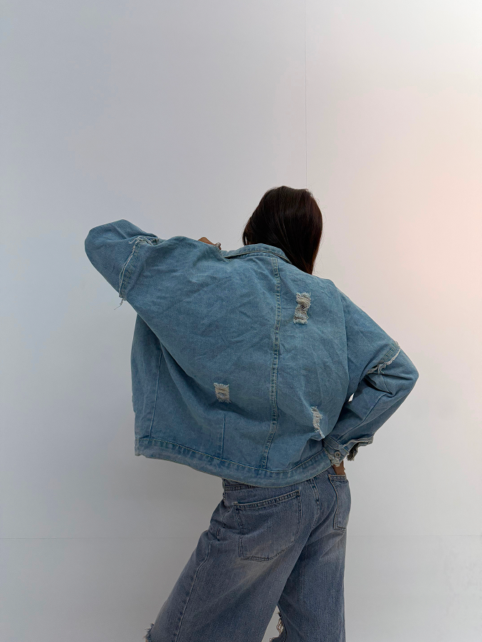Vintage Light Blue Oversized Distressed Denim Jacket