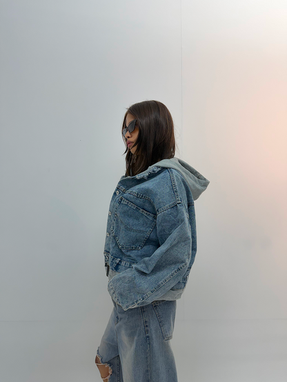 Vintage Light Blue Hooded Unisex Denim Jacket