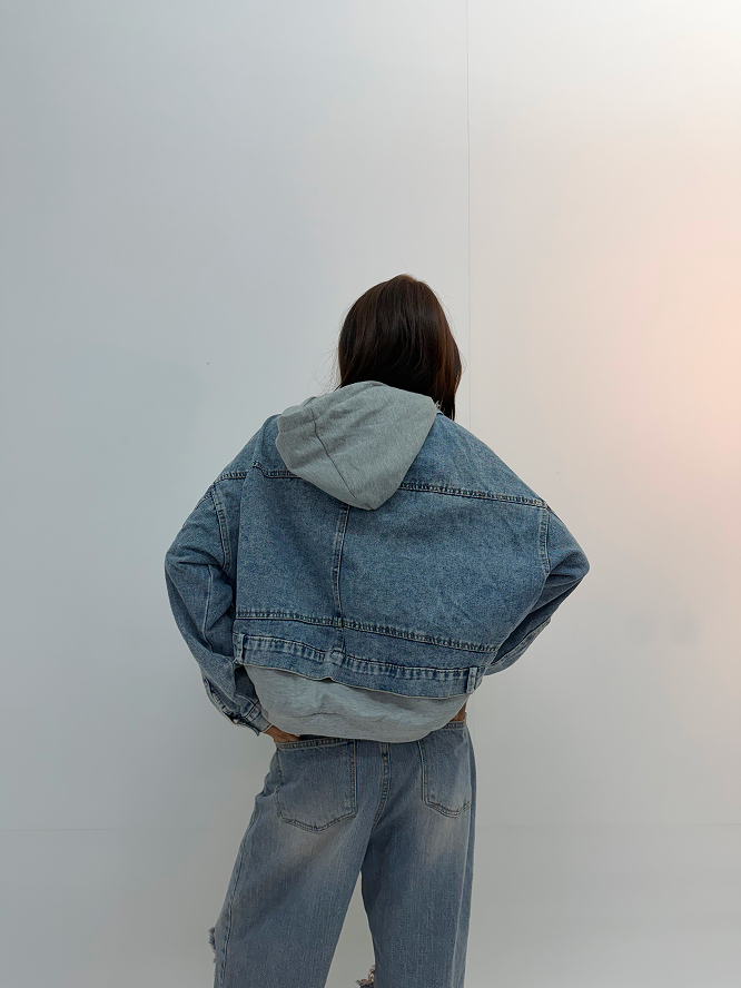 Vintage Light Blue Hooded Unisex Denim Jacket