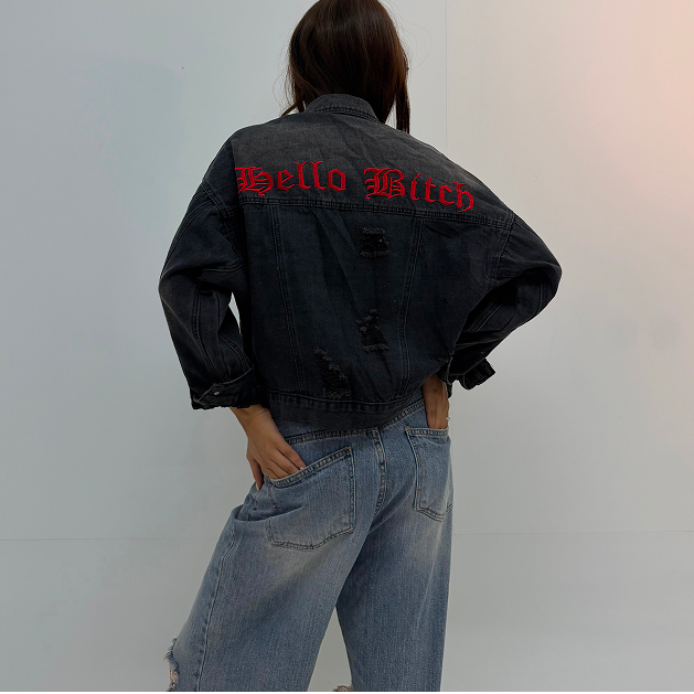 Vintage Black Distressed Backprint Unisex Denim Jacket