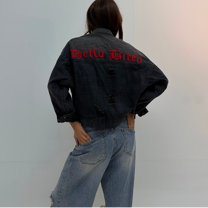 Vintage Black Distressed Backprint Unisex Denim Jacket