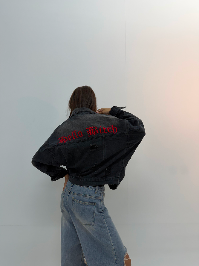 Vintage Black Distressed Backprint Unisex Denim Jacket