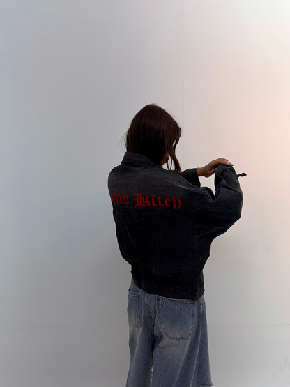 Vintage Black Distressed Backprint Unisex Denim Jacket